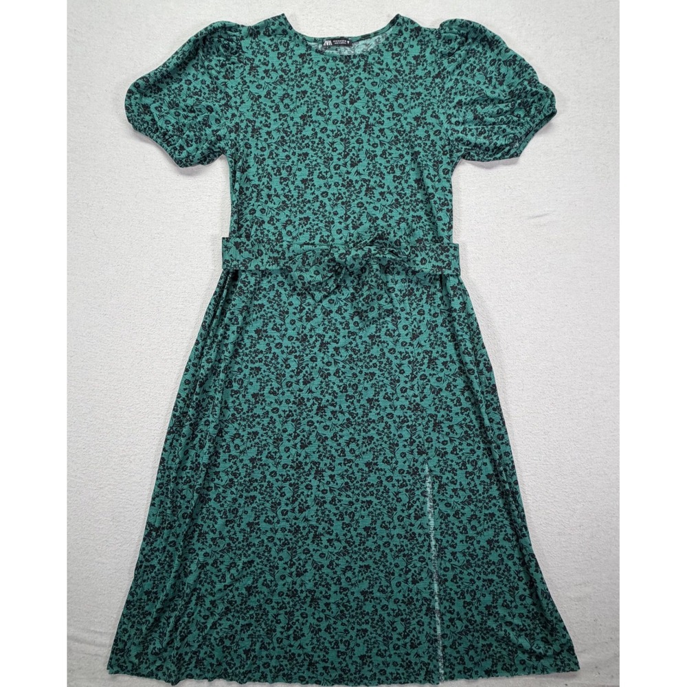 Zara Womens Midi Dress Regular Green Floral Puff Sleeve Belted M